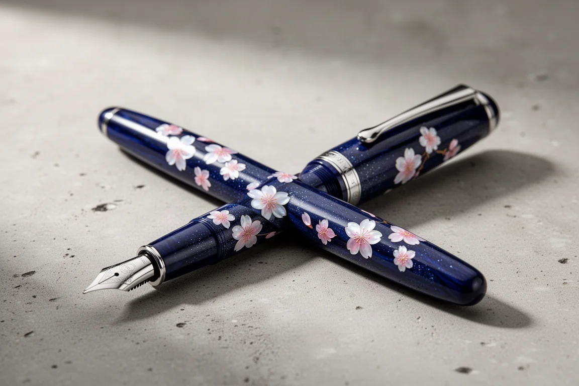 Narwhal Ikaku Cherry Blossom Urushi fountain pen on a concrete surface