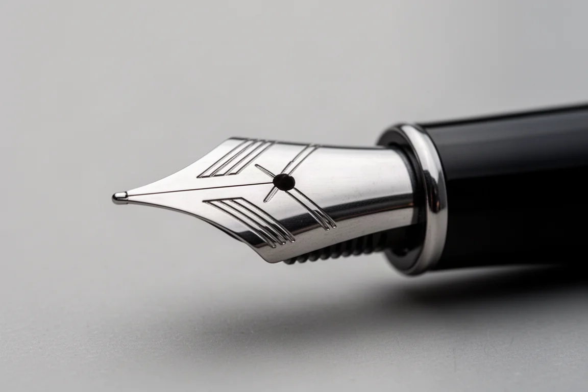 Bec de stylo plume en acier inoxydable sur mesure avec rainures découpées sur fond gris