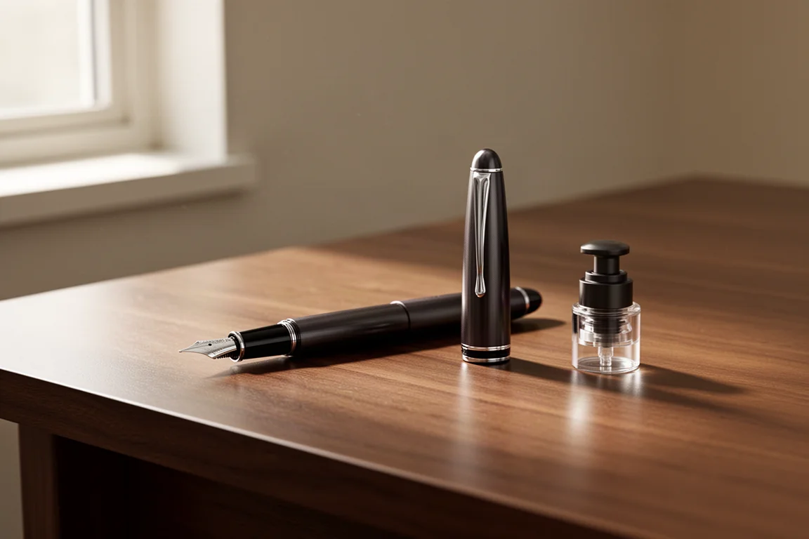 Stylo plume posé décapuchonné sur un bureau d'écriture à côté d'un convertisseur