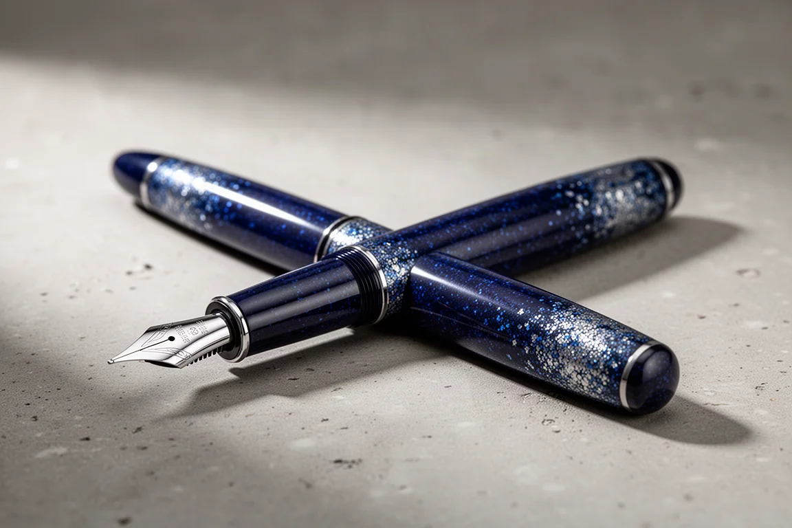 Deep blue urushi fountain pen with flecked lacquer finish on concrete surface