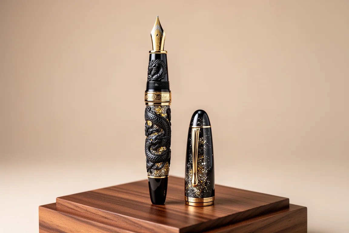 Dark lacquered ebonite fountain pen with gold carved dragon detail on wooden surface
