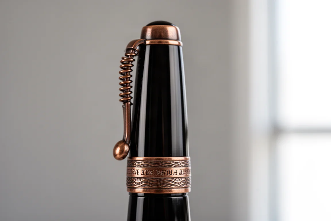 Gros plan sur le clip bronze et la virole à motif de vagues d'un stylo plume noir en ébonite
