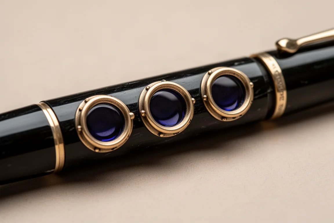Trois hublots ronds de style hublot de navire lumineux d'encre bleue sur le corps noir d'un stylo