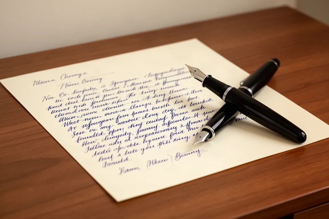 Échantillon d'écriture à l'encre bleue sur papier crème avec un stylo plume posé à côté