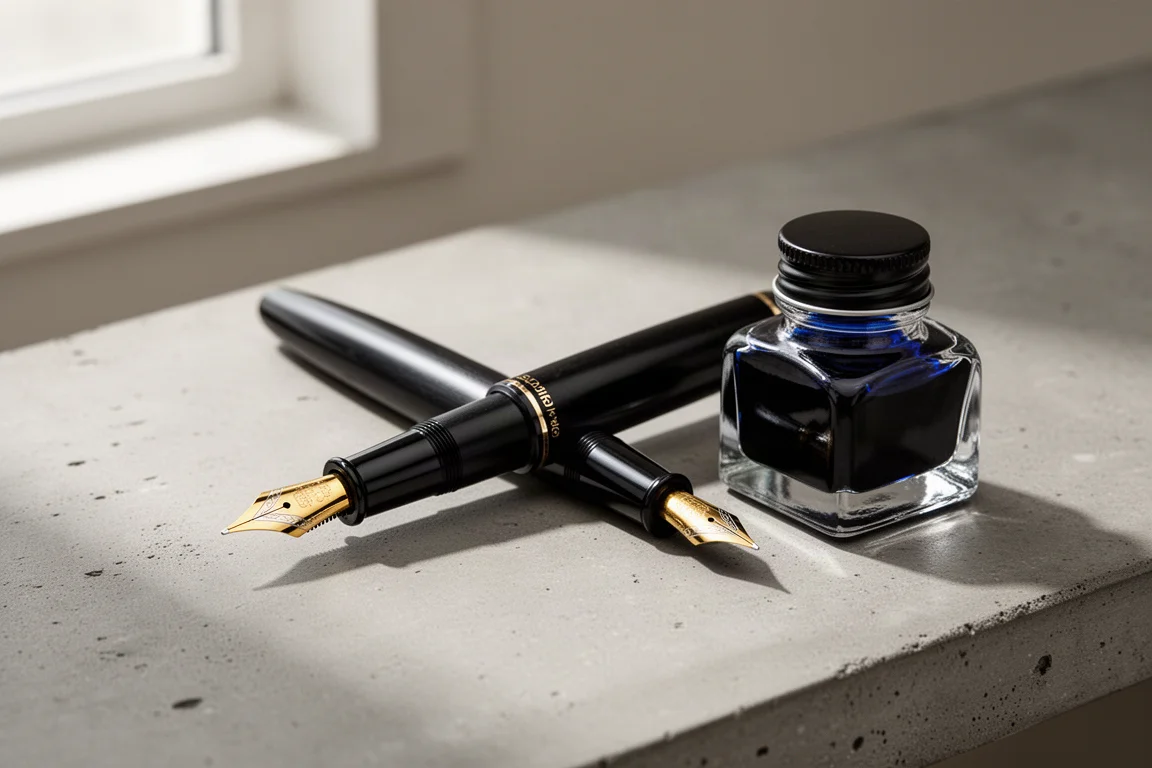 Stylo plume oversize noir en ébonite non bouché sur un bureau à côté d'une bouteille d'encre