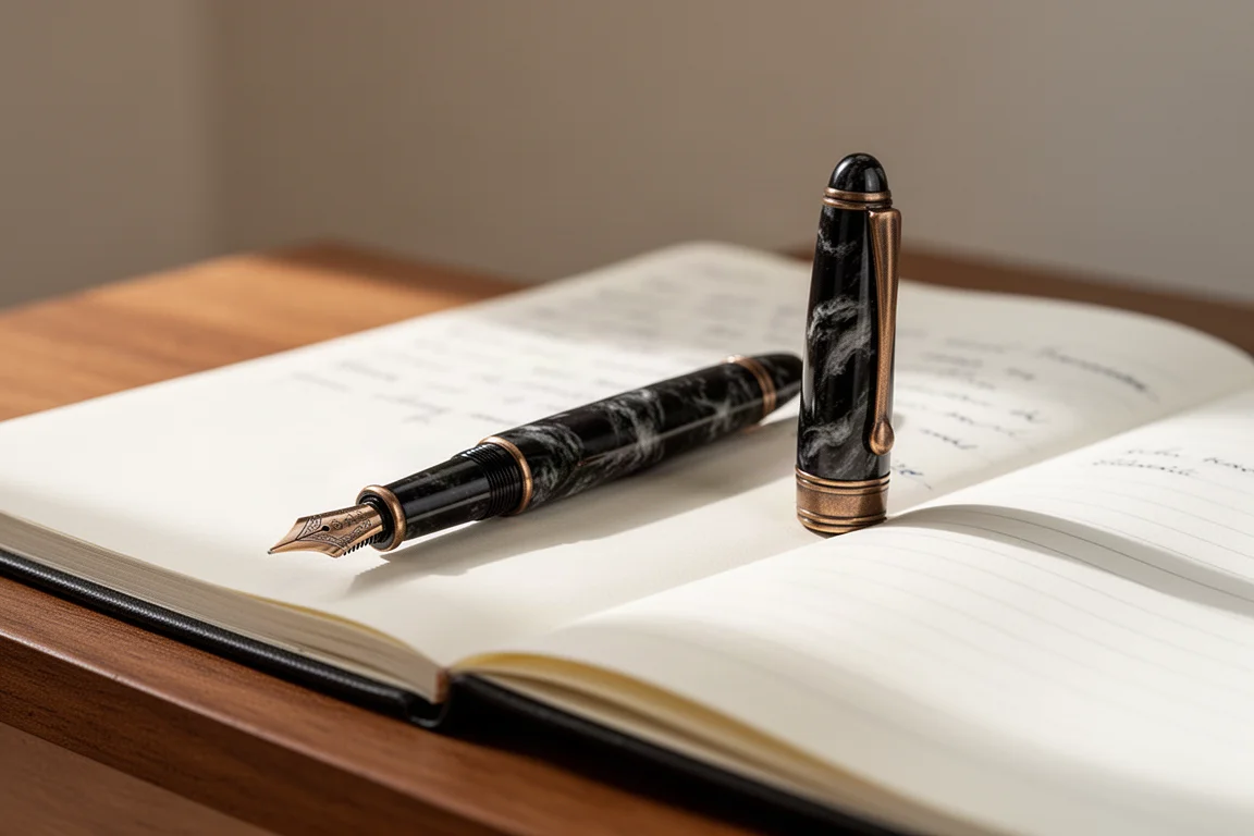 Ebonite fountain pen resting on a wooden desk beside a notebook