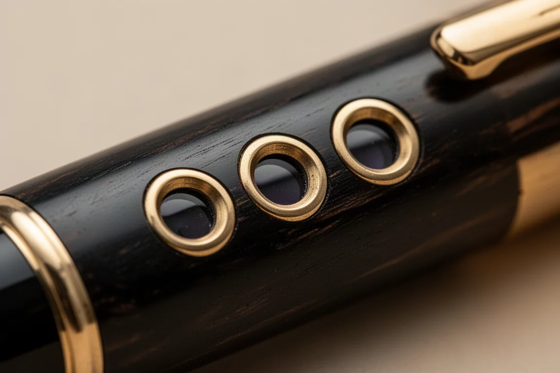 Close-up of porthole-style ink windows on a fountain pen barrel