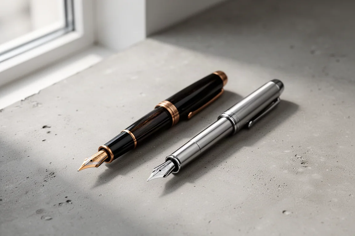 Two fountain pens side by side for size comparison on a desk