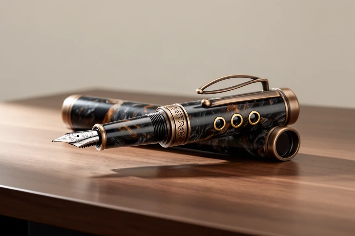 Dark ebonite fountain pen with bronze trim resting on a wooden desk