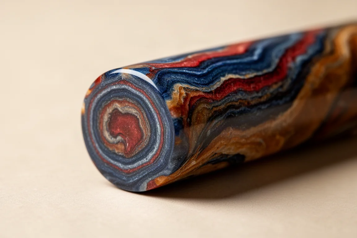 Material de ebonite de caneta tinteiro com tons mesclados de azul, vermelho e marrom