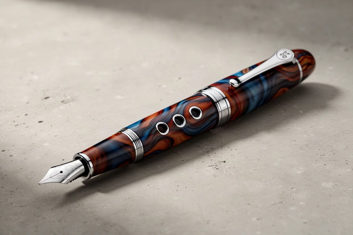 Cigar-shaped ebonite fountain pen with chrome trim and porthole ink windows on concrete
