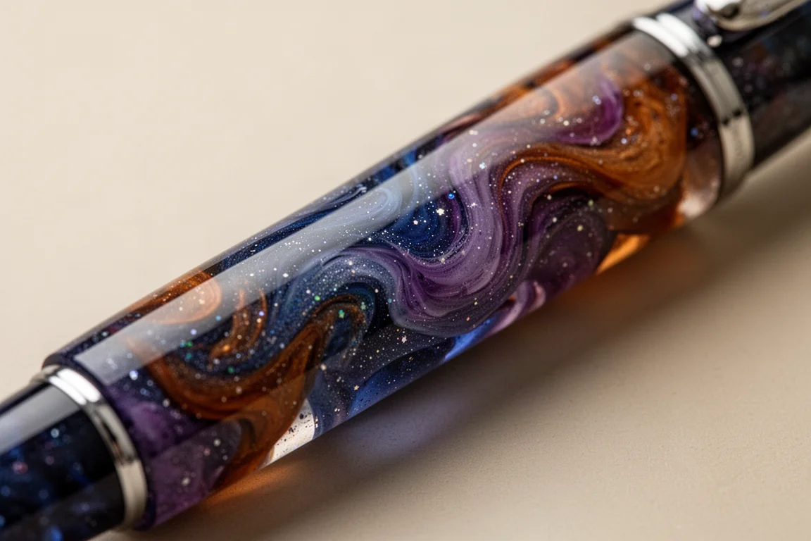Nahaufnahme des Füllhalter-Harzes, das Orange, Blau und Violett mit glitzernden Sprenkeln vermischt