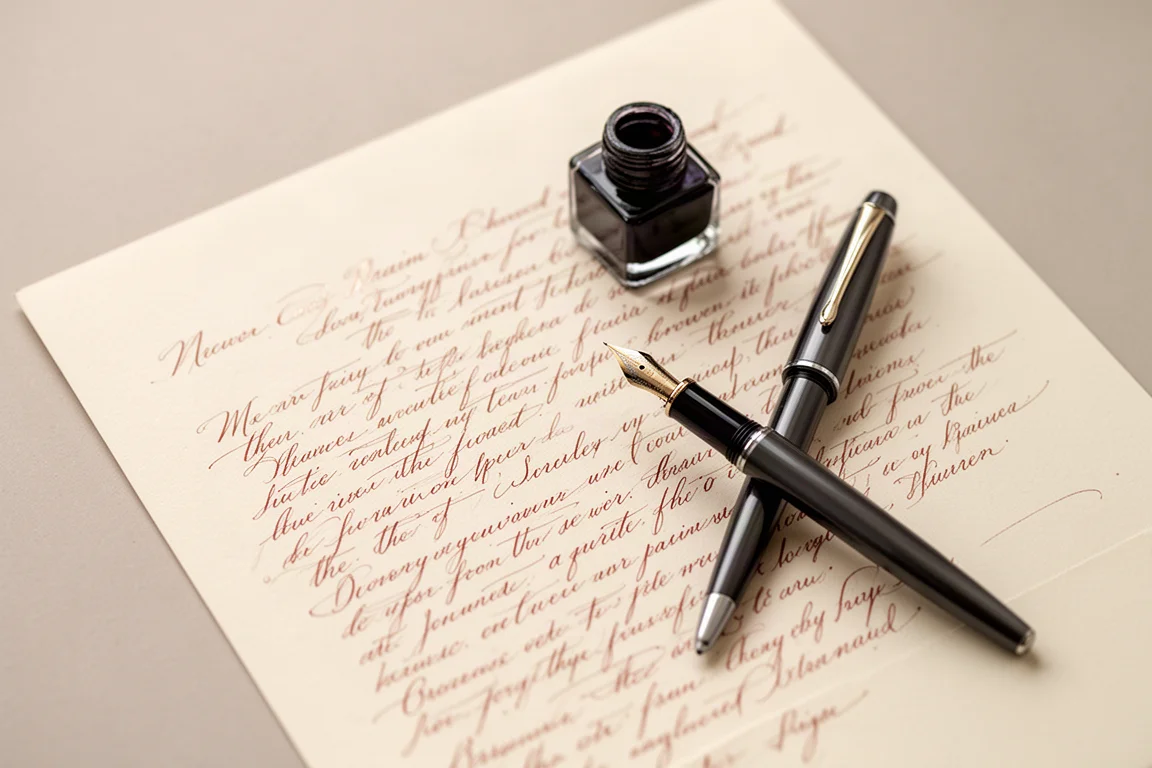 Handschriftliche Schreibprobe eines Füllhalters auf cremefarbenem Papier mit einer Flasche rotbrauner Tinte