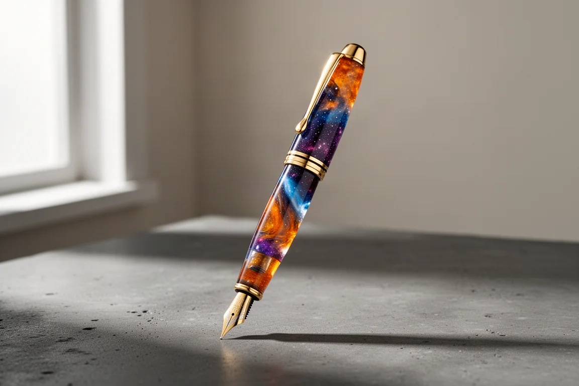 Narwhal Nautilus Horsehead Nebula fountain pen with swirling orange, blue, and purple resin on a dark surface
