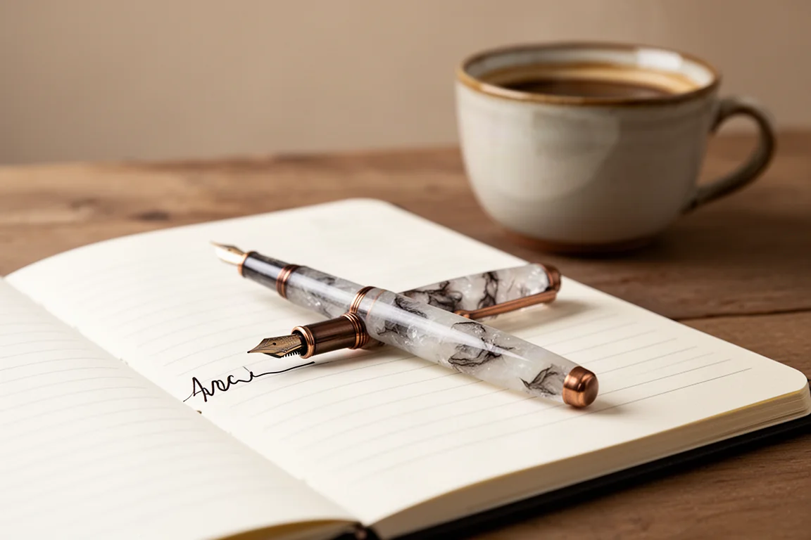 Estilográfica apoyada sobre un cuaderno abierto junto a una taza de café