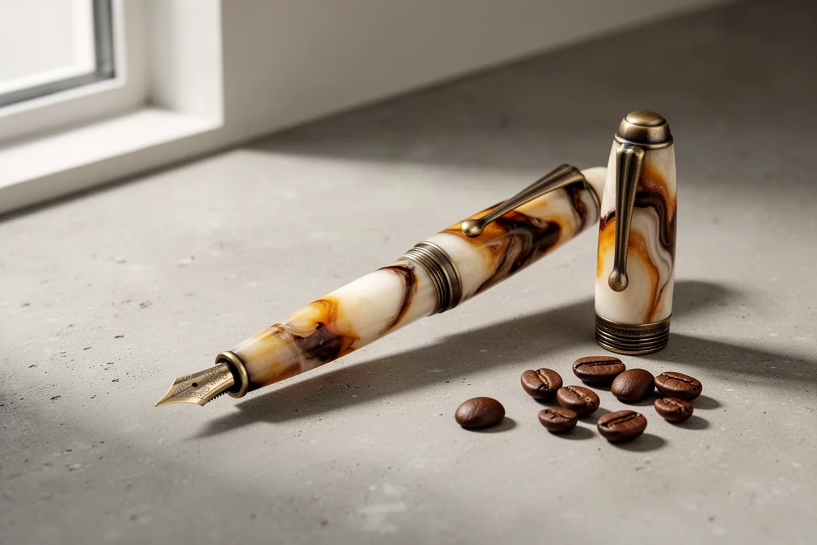Marmorierter fountain pen im Kaffee-Design mit Bronzebeschlägen, entkappelt auf Beton liegend, daneben Kaffeebohnen