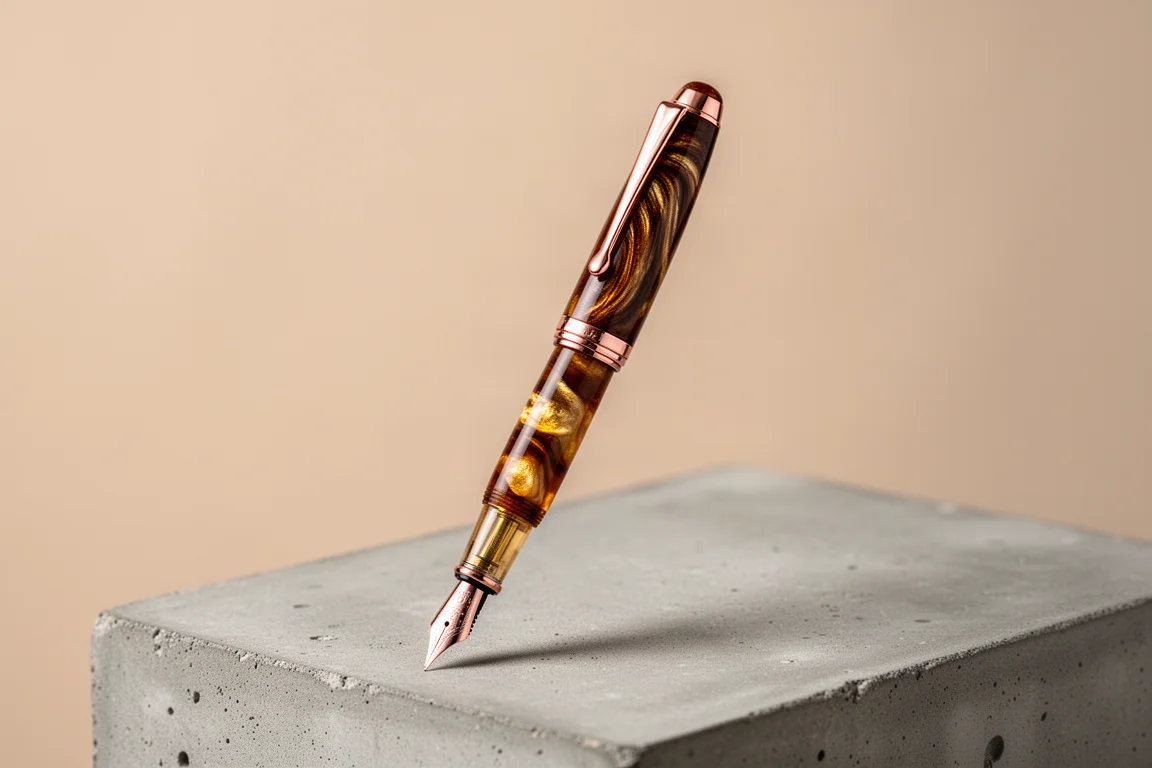 Narwhal Nautilus Sunset Ember fountain pen with swirling amber resin standing on concrete