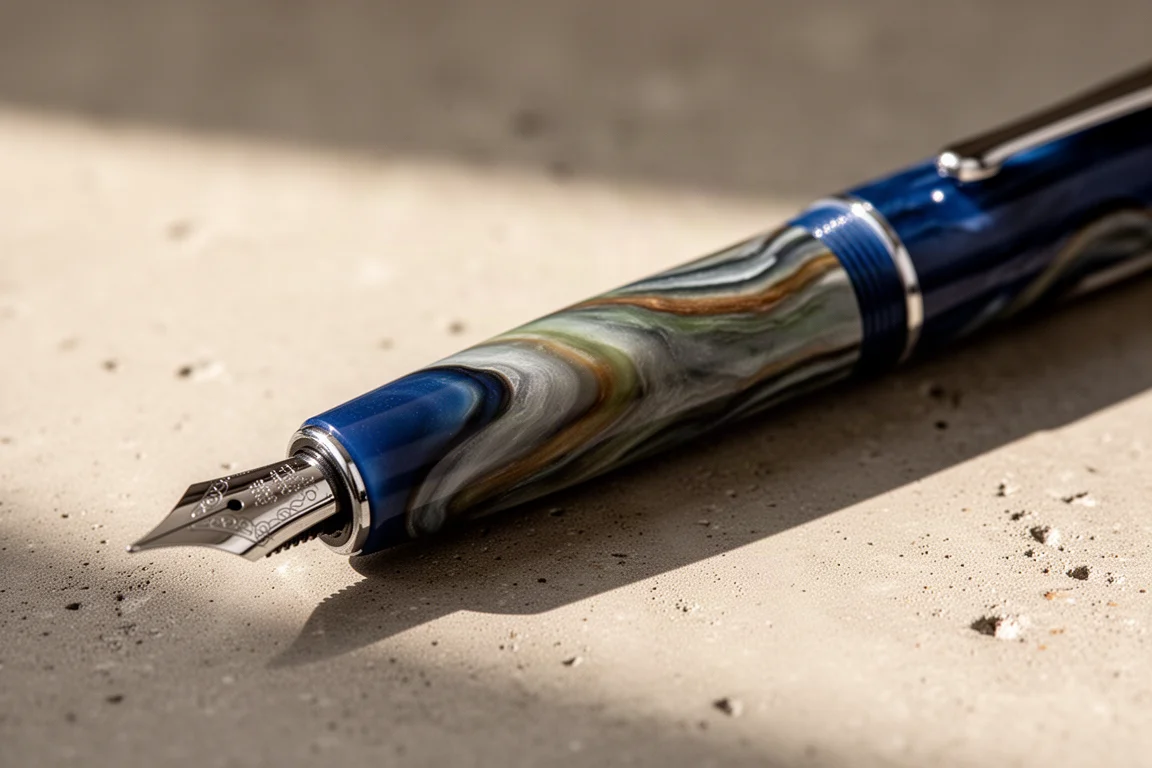 Corpo in Ebonite blu di una penna stilografica al sole che rivela venature verdi e marroni nel materiale