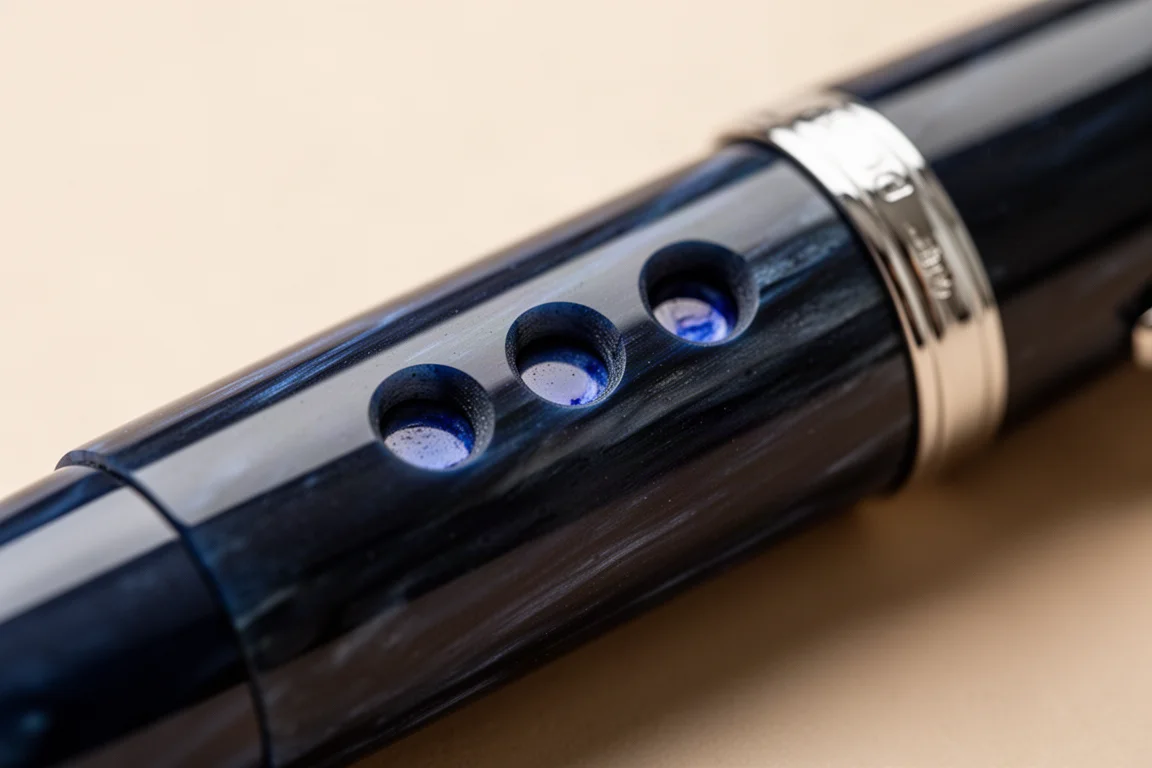 Oblò d'inchiostro circolari sul corpo di una penna stilografica che mostrano il livello d'inchiostro