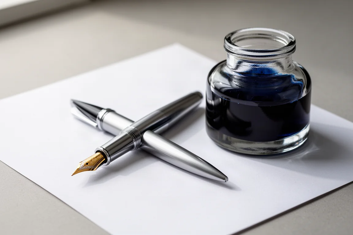 Pennino di una stilografica con grip a campana appoggiato su carta accanto a un calamaio di inchiostro blu