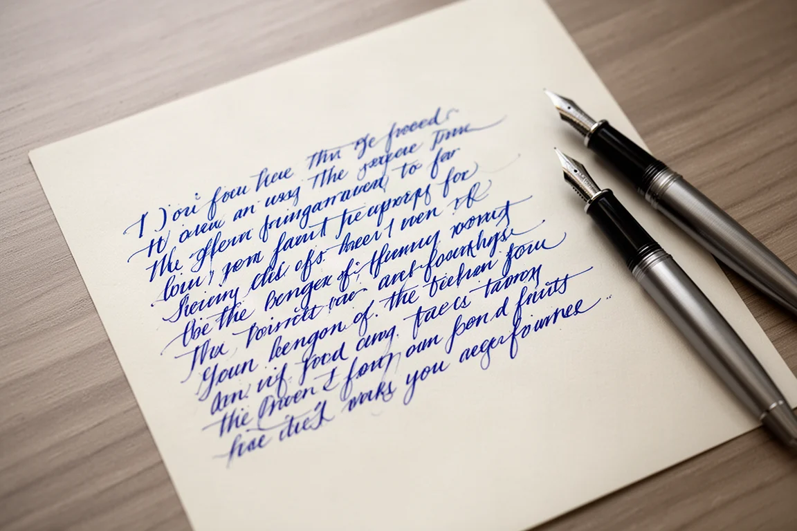 Pagina con campione di scrittura a mano in inchiostro blu di un pennino oro medio di penna stilografica