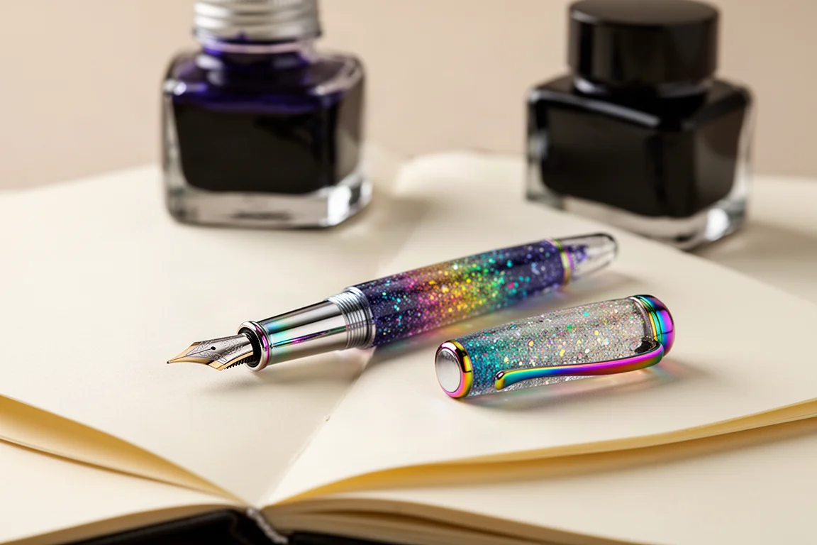 Penna stilografica in acrilico arcobaleno glitterato appoggiata su un diario accanto a un calamandrio