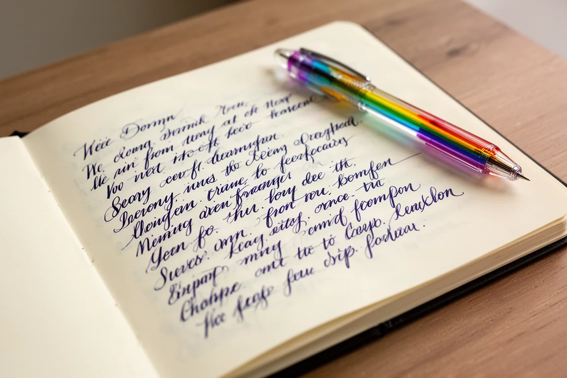 Quaderno aperto con una scrittura a inchiostro indaco che scorre su una scrivania