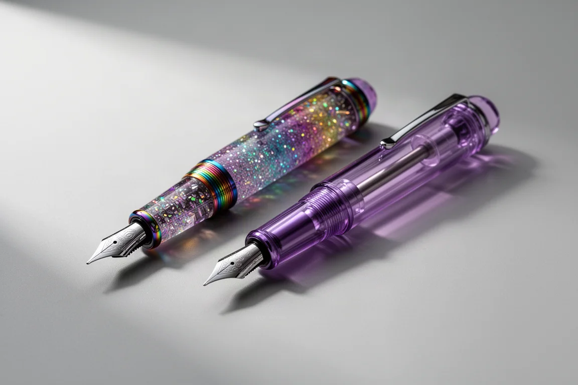 Penna stilografica arcobaleno glitterata accanto a una penna trasparente color iris su una scrivania grigia