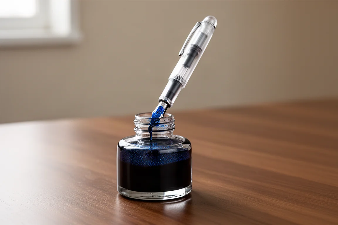 Schimmernde blaue Tinte aus der Flasche wird in einen Vakuumfüll-Füllfederhalter gezogen