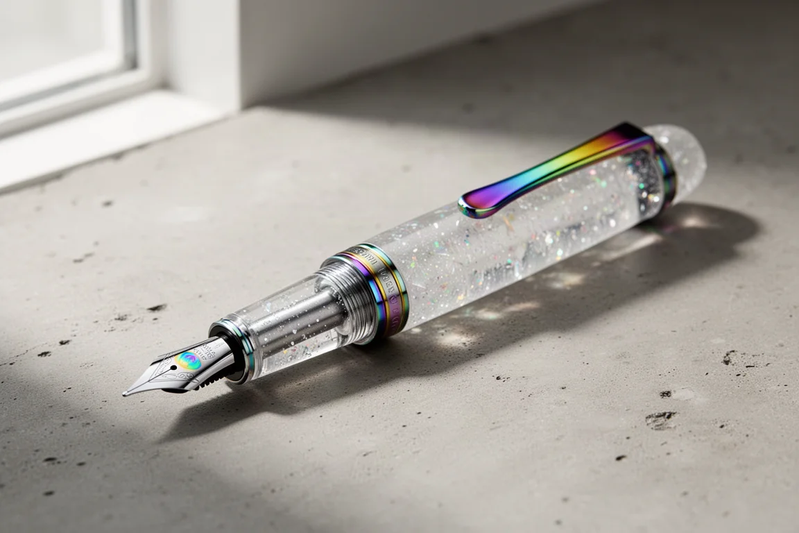 Translucent sparkly fountain pen with rainbow trim resting on a concrete surface