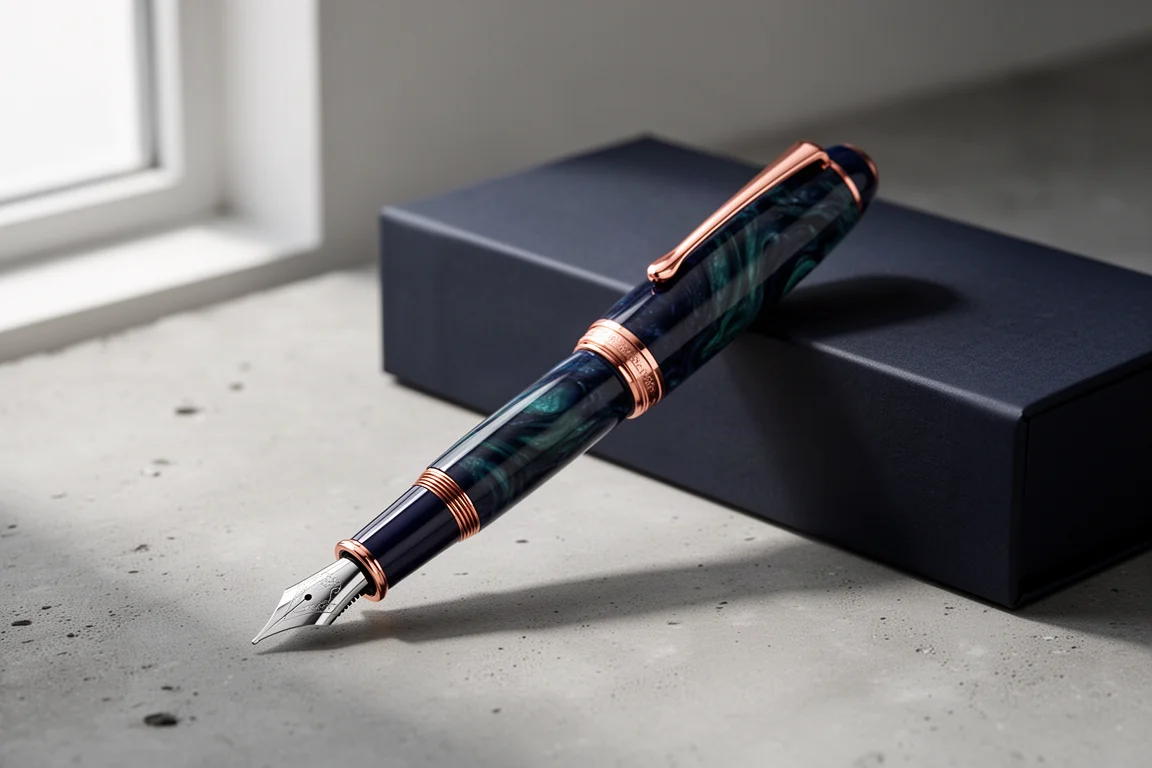 Narwhal Schuylkill fountain pen in dark blue swirled resin with rose gold trim beside its box