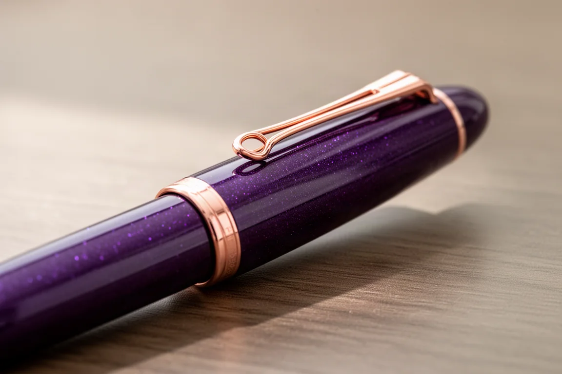 Capuchon violet profond d'un stylo-plume avec clip en or rose sous une douce lumière naturelle
