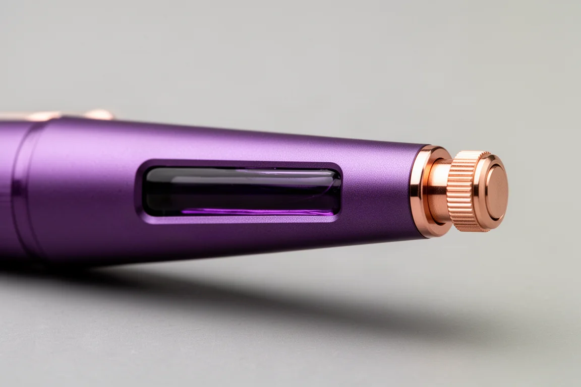 Corps d'un stylo-plume montrant une fenêtre d'encre translucide révélant l'encre restante