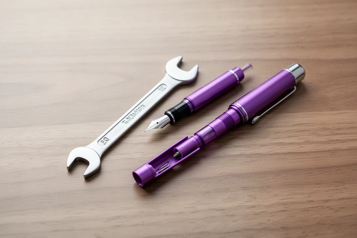 Petite clé placée à côté d'un stylo-plume sur un bureau en bois