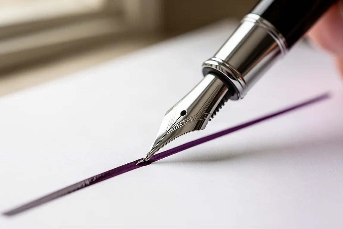 Plume large d'un stylo-plume déposant une encre violette lisse sur du papier blanc