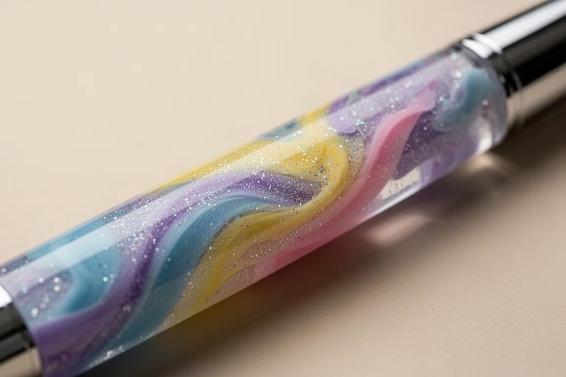 Close-up de um corpo de resina pastel brilhante exibindo sutil shimmer e chatoyance