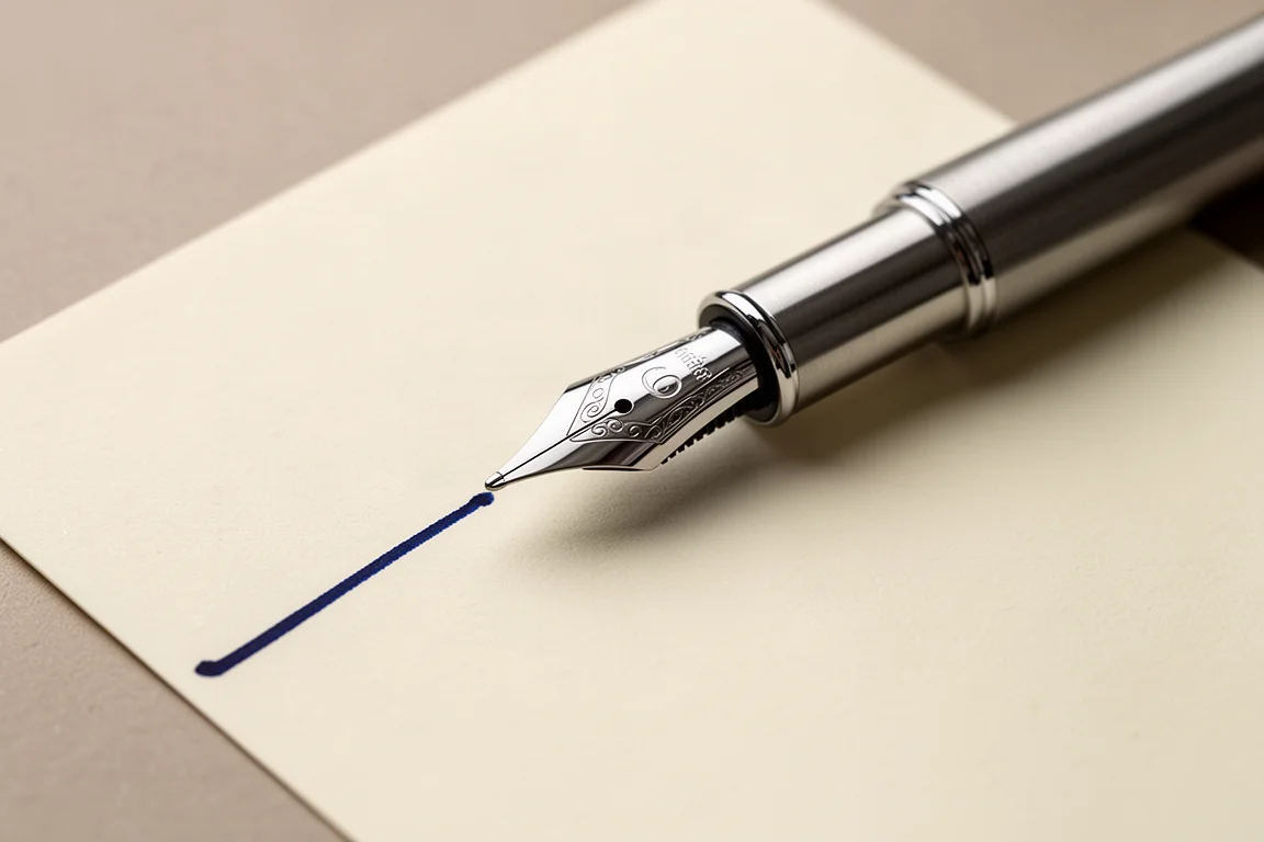 Ponta de aço inoxidável de caneta-tinteiro com um traço de tinta azul-preta sobre papel creme