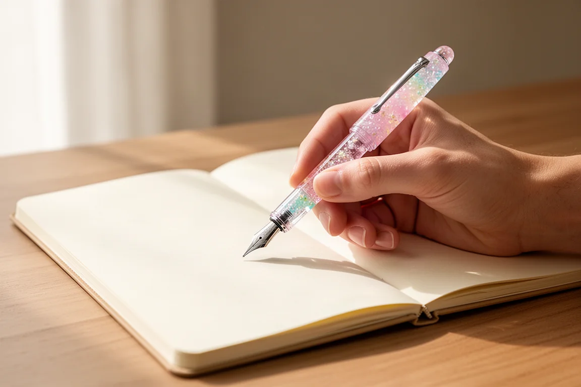 Caneta-tinteiro segurada em uma mão escrevendo sobre um caderno aberto