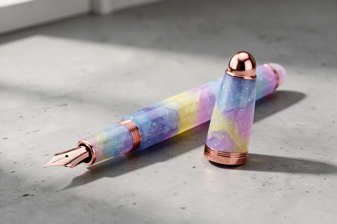 Penna stilografica in resina pastello con finiture in oro rosa su una superficie di cemento