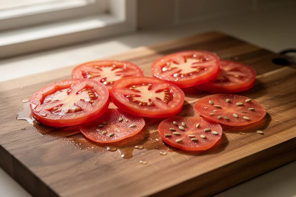 Fines tranches de tomate juteuse posées sur une planche à découper en bois