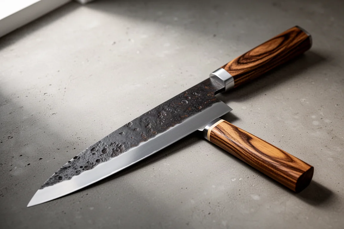 Long handmade Sanmai slicer knife with ringed wood handle on matte concrete surface