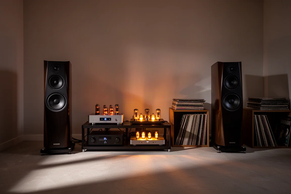 Sala de escucha high-end con iluminación tenue, altavoces de suelo y el cálido resplandor de las válvulas