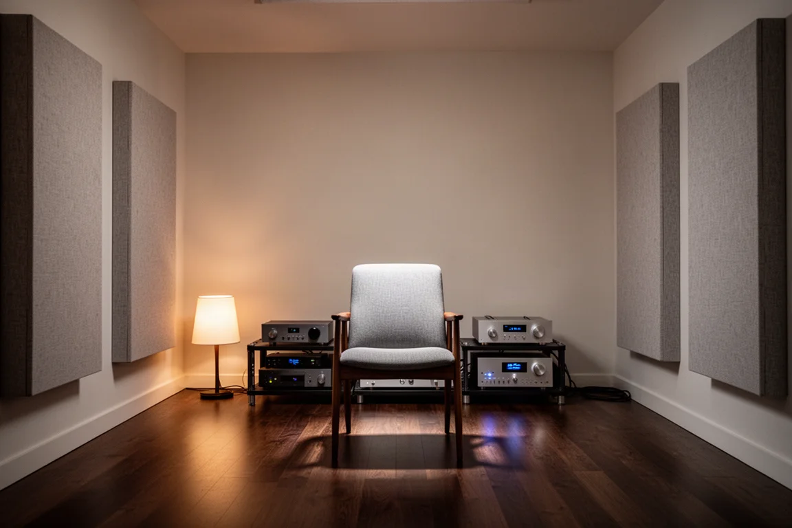 Sillón de escucha vacío en una sala tratada con paneles acústicos y luz cálida de lámpara
