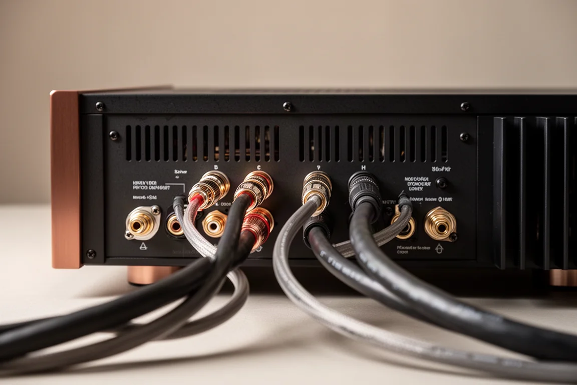 Panel trasero de una etapa de potencia a válvulas con interconexiones RCA y cables gruesos
