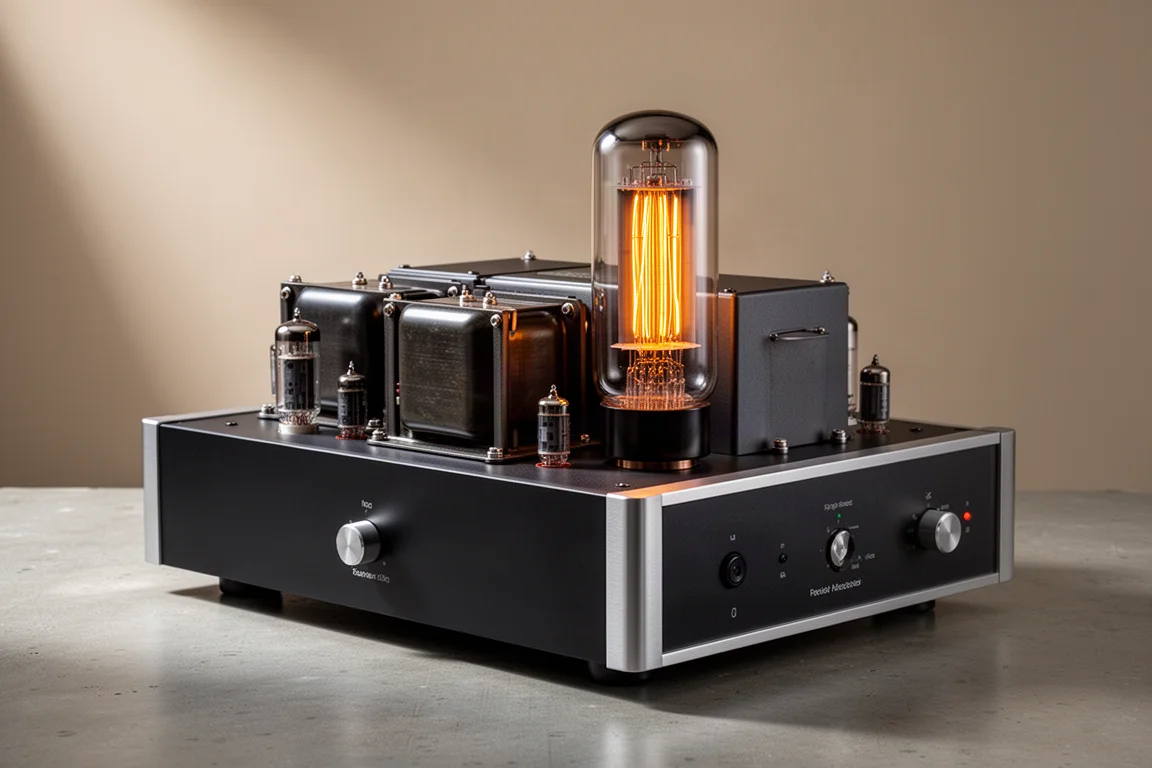 Large tube monoblock amplifier with exposed transformer and glowing transmitter tube