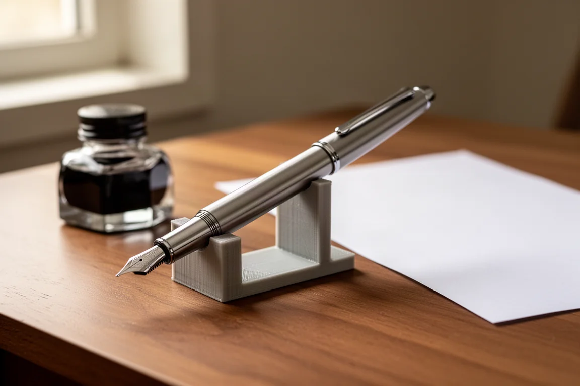 Fountain pen resting on a 3D printed stand beside a bottle of ink