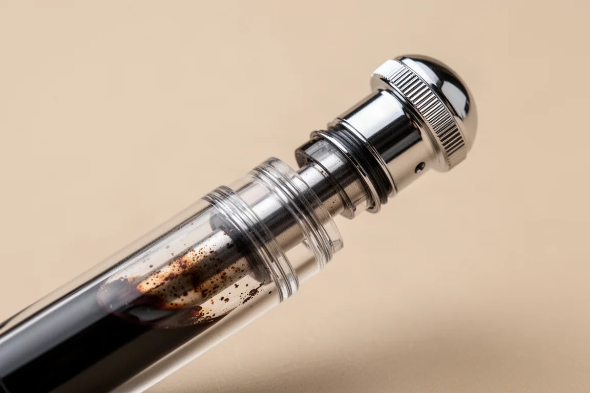 Close-up of a vacuum filler piston rod being withdrawn from a pen barrel