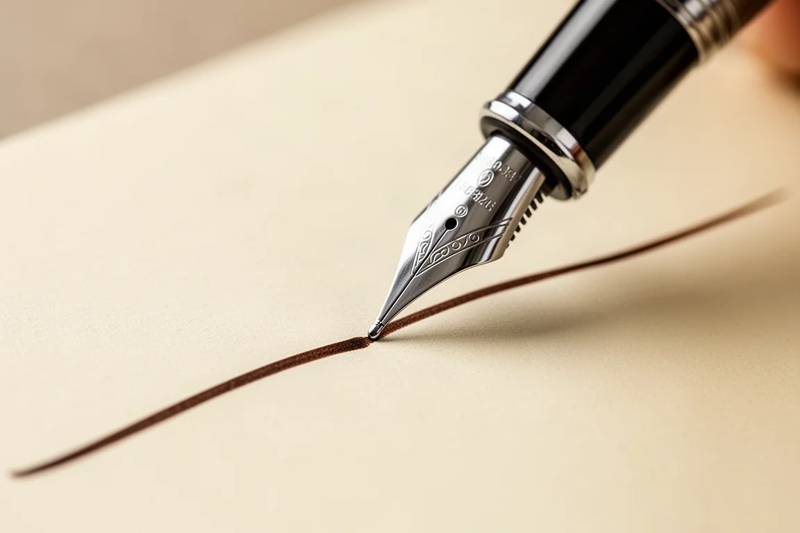 Fine steel nib writing on paper with dark brown ink