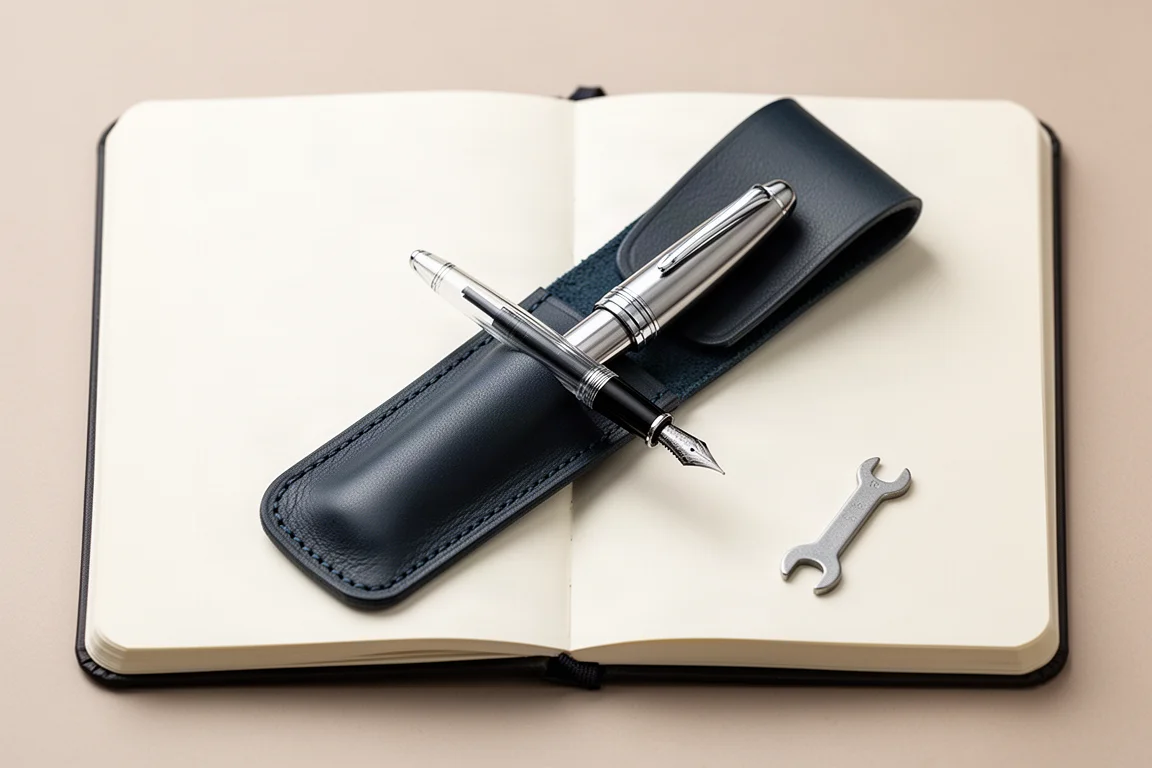 Fountain pen in a faux leather sleeve on a notebook