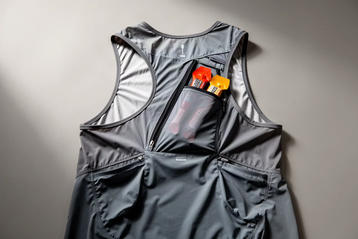 Bolsillos traseros de almacenamiento de un chaleco de running abiertos para mostrar compartimentos por capas